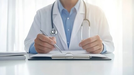 Professional doctor wearing a white coat, preparing to make notes on a clipboard while holding a pen, symbolizing patient care and medical practice in a bright clinic