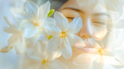 Fototapeta premium A serene young Asian woman surrounded by soft white flowers, embodying tranquility and beauty.