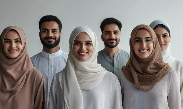 middle eastern people looking at the camera smiling , white studi light, isolated on white background