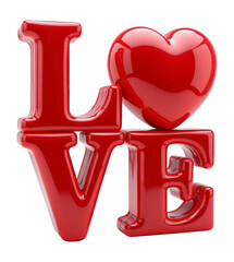 Glossy red LOVE letters with a heart, standing on a reflective surface, isolated on transparent background, symbolizing romance. Valentine's day, wedding illustration.