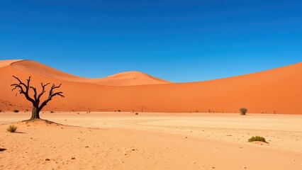 Sunset hues bathe an expansive desert, where towering orange dunes rise behind a solitary tree. Light-tan sands speckled with stones create a serene, untamed vista