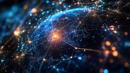 A vibrant digital network visualizing global connectivity and technological advancement with luminous nodes and lines.