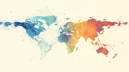 Obraz premium Abstract digital world map with vibrant color gradients and interconnected nodes, symbolizing global connectivity.