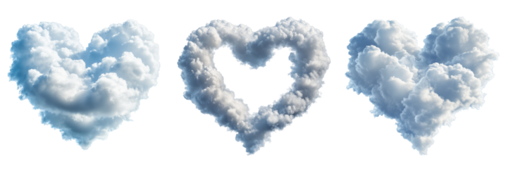 Set of heart shaped clouds isolated on white and transparent background