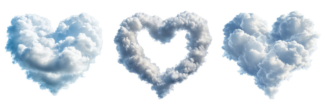 Set of heart shaped clouds isolated on white and transparent background