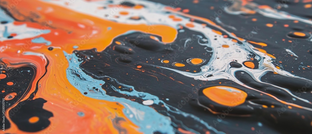 Poster vibrant ink pooling on dark paper showcasing absorption and texture variation