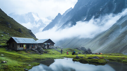 Fototapeta premium A serene mountain lodge scene, with hikers preparing for a trek, morning mist lifting off the peaks, adventurous beginnings