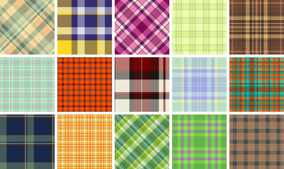 Vibrant collection of 18 diverse plaid patterns.  Perfect for textile design, fashion, websites, and more  Seamless textures in various colors and styles offer endless creative possibilities.