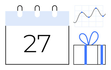 Calendar with date 27, gift box with blue bow, and line graph with data points. Ideal for planning, birthday celebrations, scheduling, gift events, analytics milestones important dates. Line