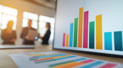 A vibrant bar graph displayed on a screen, showcasing data analysis, with blurred figures engaged in discussion in the background.