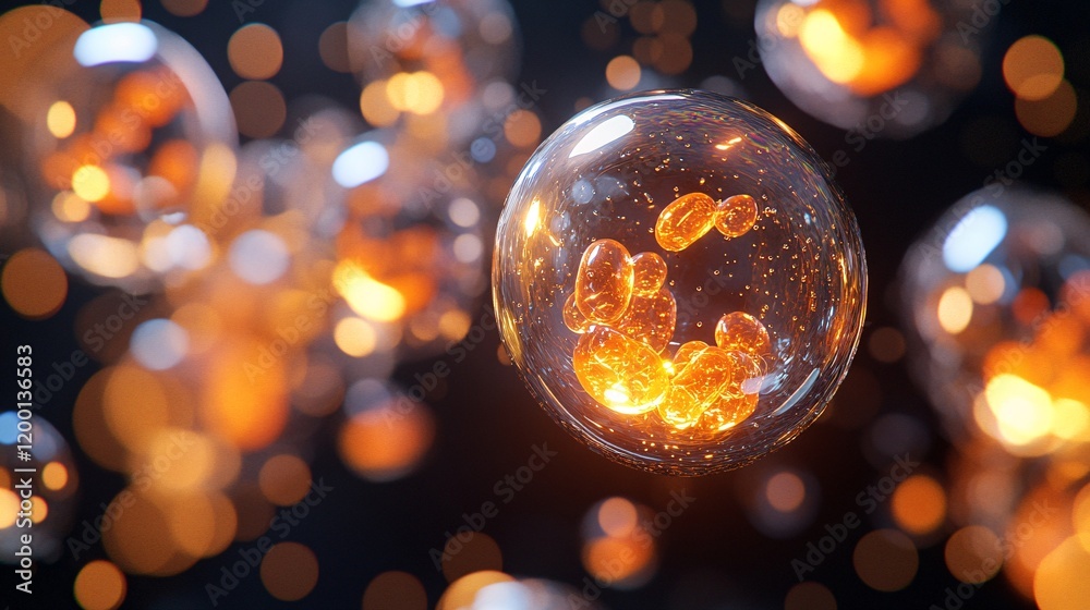 Wall mural glowing amber bubbles float against a dark background, creating a mesmerizing visual effect.