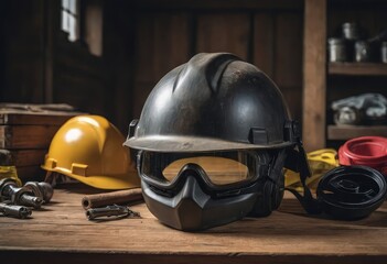 A sturdy hard hat and a pair of gloves are resting on a wooden table