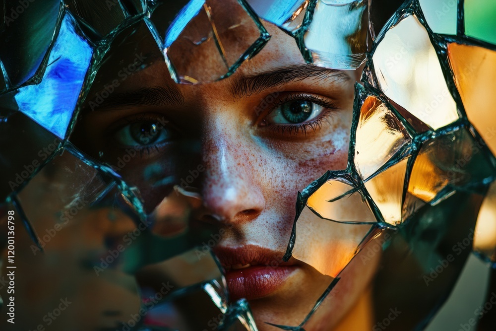 Poster reflections of self in shattered glass reveal the complexity of identity. generative ai