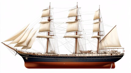 Detailed illustration of a majestic tall ship with multiple sails and intricate rigging.
