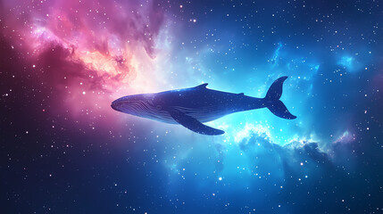A blue whale swims through a cosmic nebula, its silhouette outlined by glowing light. Galactic Ocean Glow. Illustration
