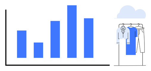 Blue bar chart rising alongside clothing rack with shirts and pants. Ideal for retail, fashion trends, sales analytics, growth tracking, marketing strategies, business insights, education. Line