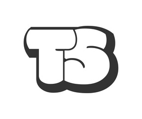 TS logo, bubble comic lettering, rounded in graffiti style black and white silhouette. Trendy preschool T and S letter text for festival party, personal initials, children funky print and web.