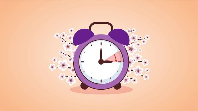 Animation of switch to summer time. A clock with flowers on the background.
