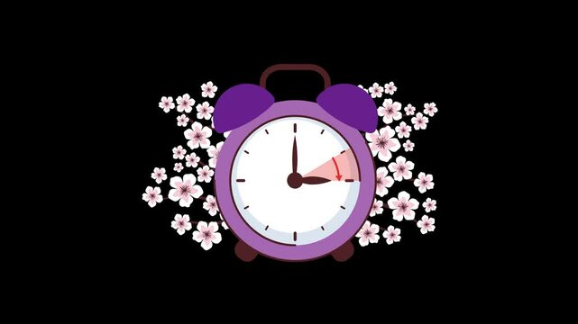 Animation of switch to summer time. A clock with flowers on black background