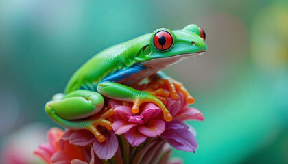 A red-eyed tree frog rests comfortably on pink and orange flowers. Its vivid green body and striking red eyes stand out against the lush greenery, showcasing nature's beauty