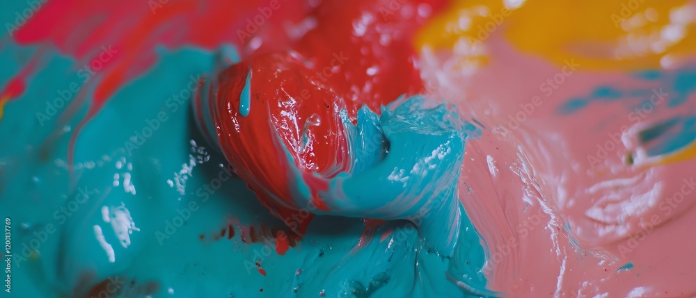 Poster Vibrant oil paint drips create abstract patterns on a colorful surface in an artistic exploration