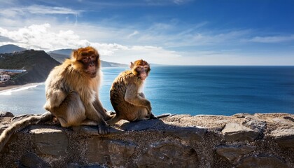 two monkeys sitting on a stone wall with a scenic coastal background on a sunny day