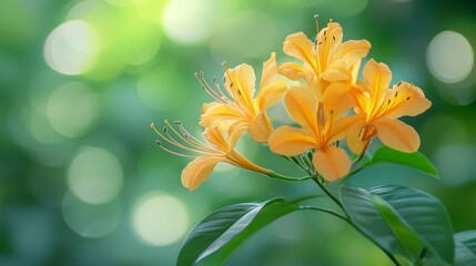 A macro close-up of vibrant yellow flowers with green leaves against a softly blurred green background