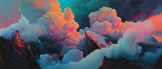 Colorful clouds in a surreal mountain landscape captured through oil painting techniques
