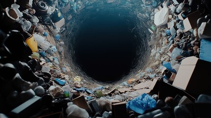 Endless pit of waste and discarded items. Overconsumption and environmental impact in modern society.