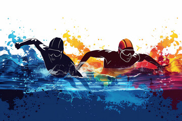 Male athlete swimmer doing a training exercise for a swimming sports race event by practising the breast stroke and diving underwater shown in a contemporary abstract painting, stock illustration