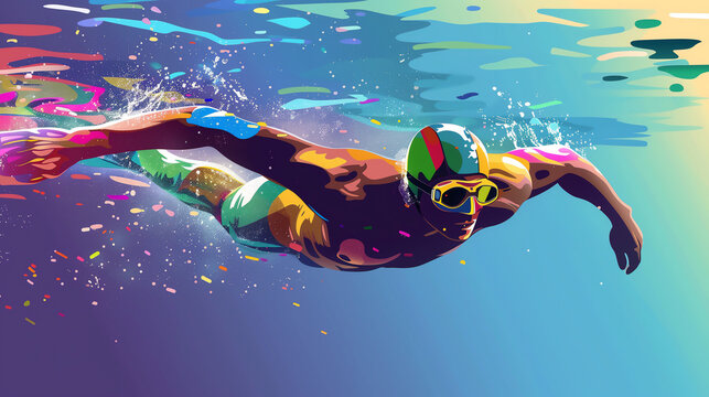 Male athlete swimmer doing a training exercise for a swimming sports race event by practising the breast stroke and diving underwater shown in a contemporary abstract painting, stock illustration