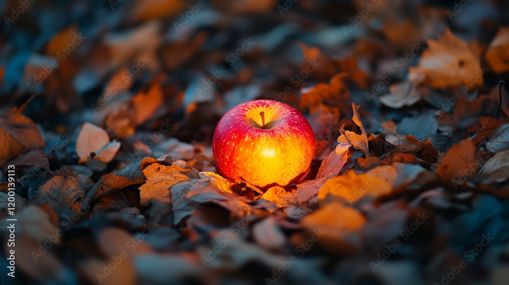 Canvas Prints A red apple placed on a bed of autumn leaves, illuminated softly to highlight its color and texture