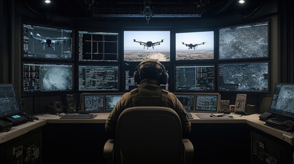 Military operator controlling drones from control room with multiple screens