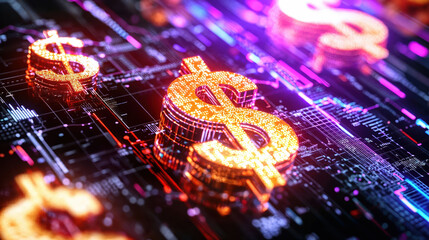 Glowing dollar symbols representing digital currency and finance on circuit board