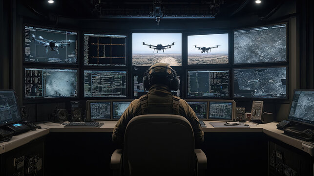 Military operator controlling drones from control room with multiple screens
