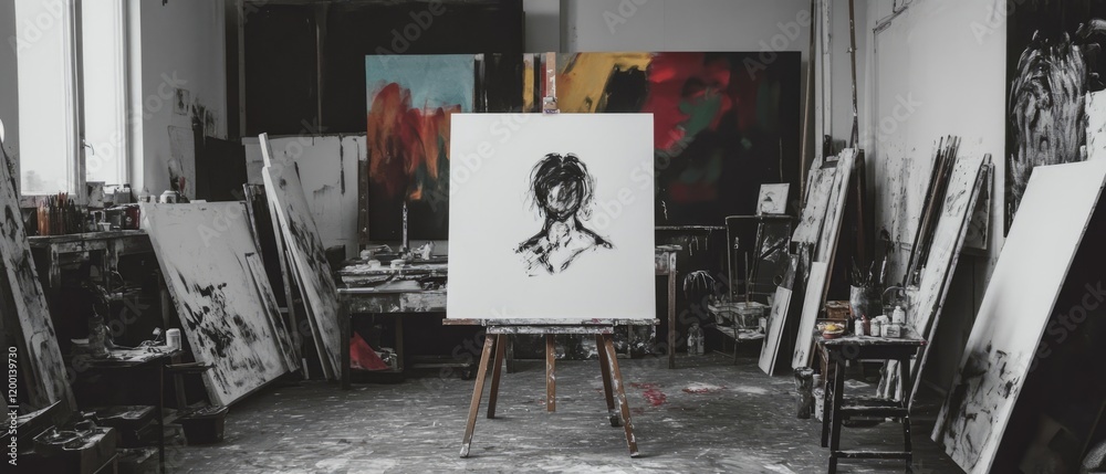 Poster artistic studio with unfinished portrait on easel surrounded by creative tools and blank canvases