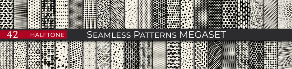 This seamless halftone pattern set includes 42 geometric black-and-white designs, ideal for modern and retro projects.