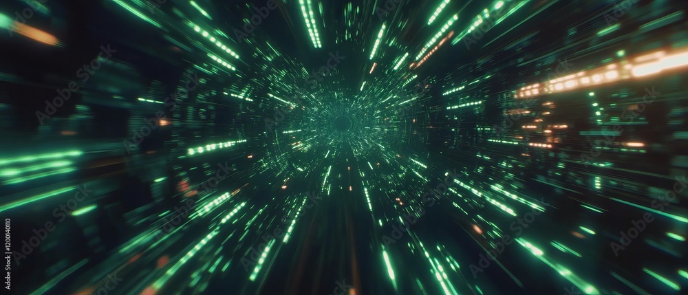 Poster exploration of a futuristic digital landscape with vibrant green lines and circuit design