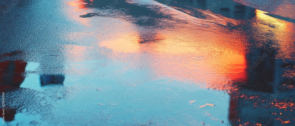 Aufkleber vibrant reflections and puddles on wet asphalt create a dynamic urban texture during sunset