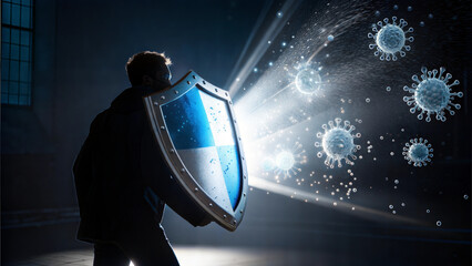 Man holding a glowing shield blocking virus particles in futuristic digital immunity concept