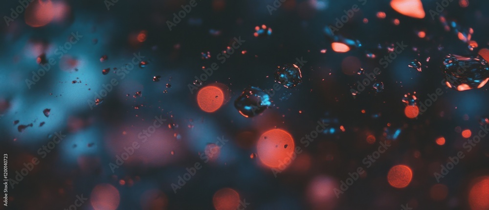 Poster raindrops on glass create a vibrant pattern blurred by city lights in a nighttime setting
