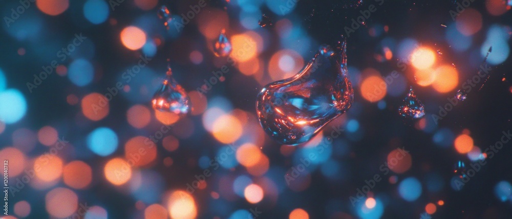 Poster raindrops on glass create a vibrant texture with blurred city lights in the background
