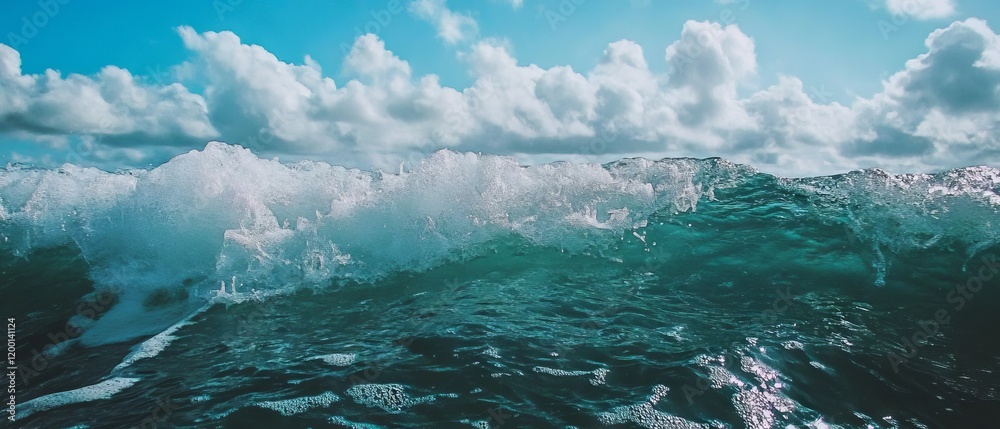 Poster crashing waves create dynamic texture in a vibrant seascape under a bright blue sky
