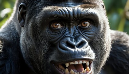 Obraz premium Gorilla Portrait: Intense Gaze, Open Mouth, and Dramatic Lighting