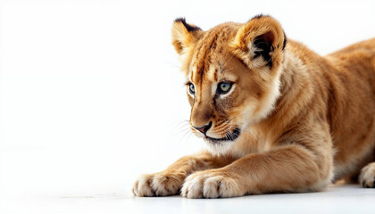 Fototapeta premium Lion cub resting quietly on a bright surface while curiously observing its surroundings in a spacious environment