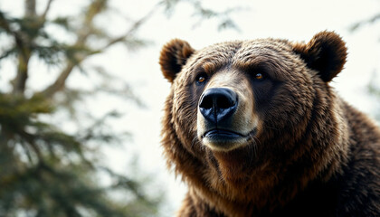 Obraz premium Grizzly bear stands calmly in natural habitat near a dense forest in early morning light