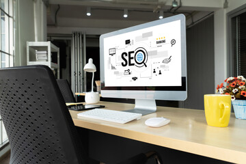 SEO search engine optimization for modish e-commerce and online retail business showing on computer...