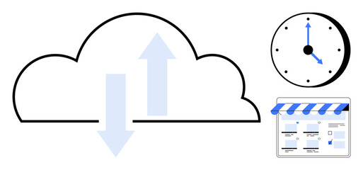 Cloud outline with up and down arrows, round clock showing 1005, web storefront page layout. Ideal for cloud computing, data transfer, time management, online business, digitalization, scheduling
