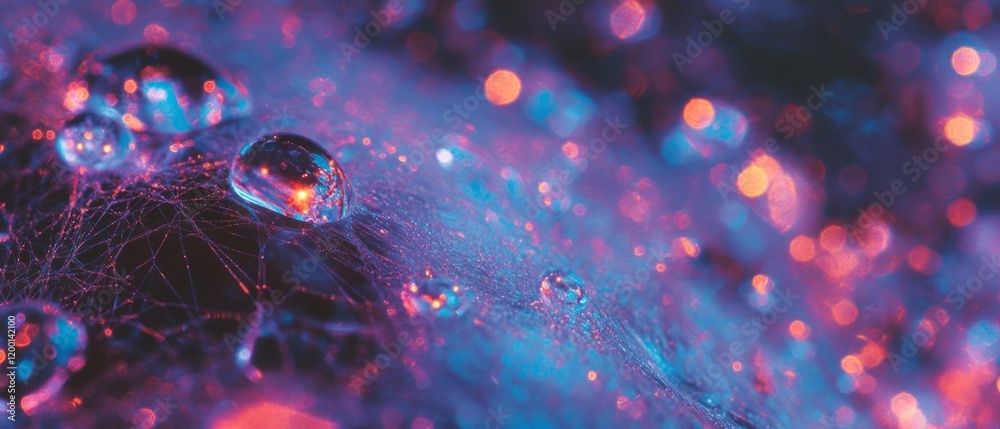 Poster Vibrant water droplets on spiderweb create intricate patterns in a colorful display of nature