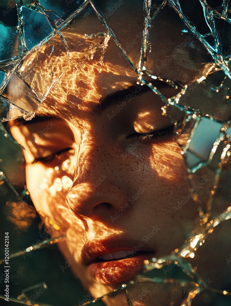 Poster shattered glass reflects fragmented parts of a persons face under warm lighting and intricate textur